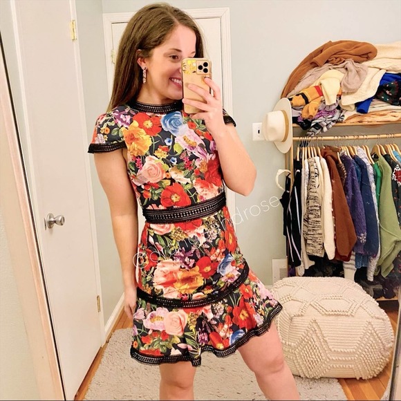 Alice + Olivia Dresses & Skirts - Alice + Olivia Vibrant Red Black Floral Lace Fit Flare Mini Dress Formal M 8